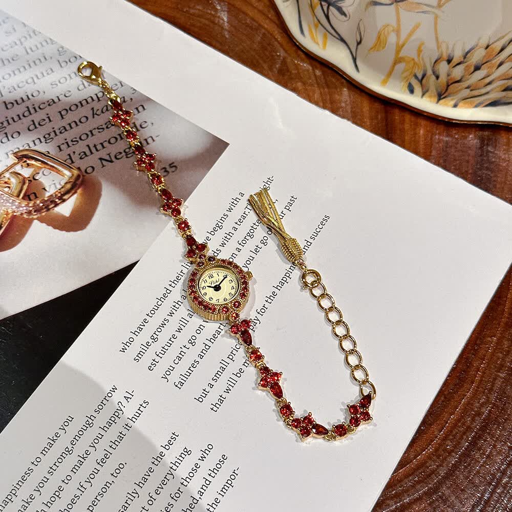 日系轻奢天然石榴石手链式minni盘流苏手表中古小众高级感女表 红石榴