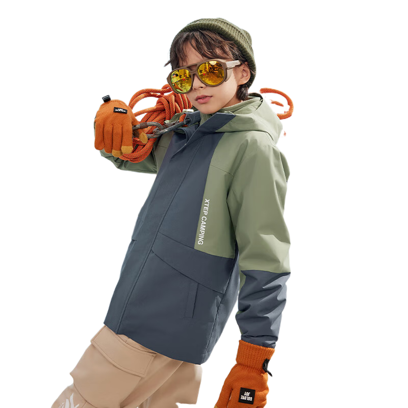 特步童装儿童中大童男童梭织三合一户外运动防风摇粒绒保温内胆外套 沙茶绿 165 cm