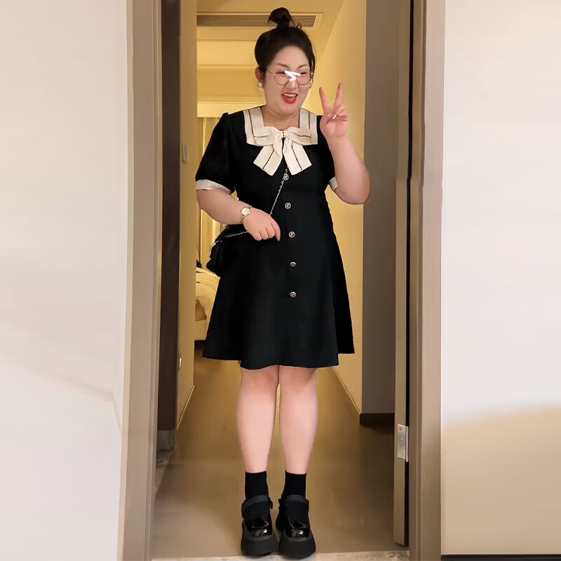 颂曼蒂微胖女生适合穿的裙子高中生大码小香风连衣裙夏季胖mm显瘦遮肚