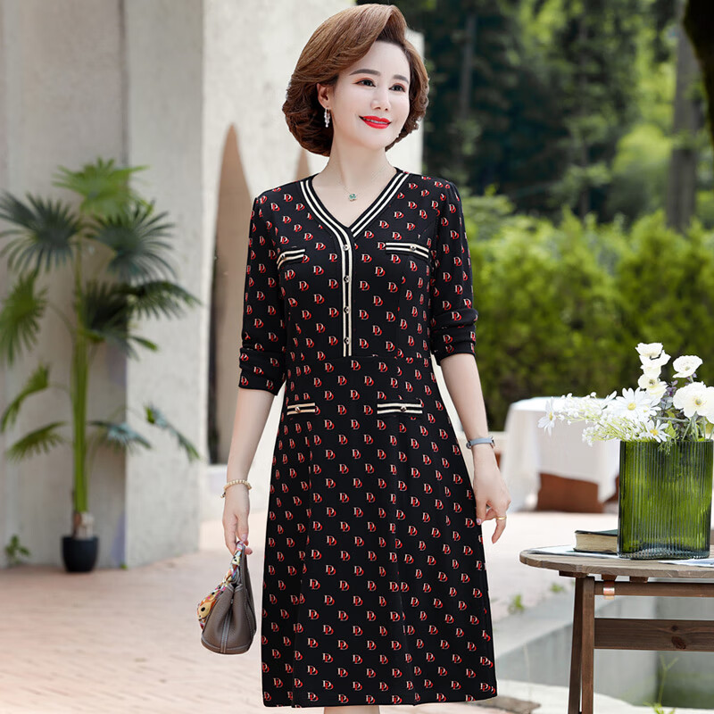 孜颜中年人妈妈春装连衣裙时尚洋气中长款中老年女装40岁长袖裙子