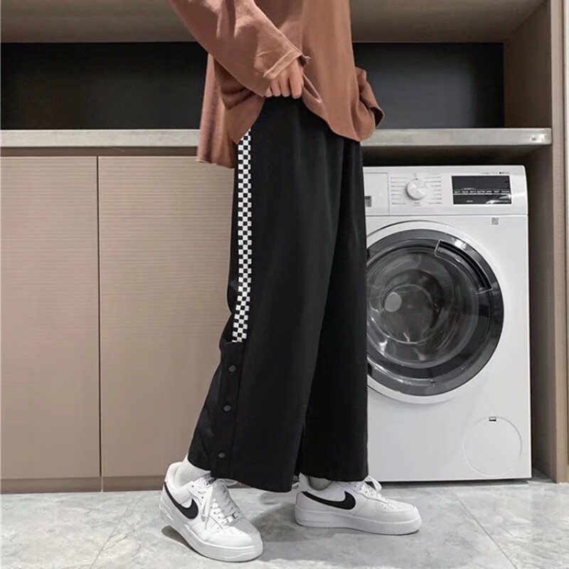 蓝骏启排扣裤男秋季薄款宽松潮男穿搭休闲长裤高街半开潮流卫裤胖子