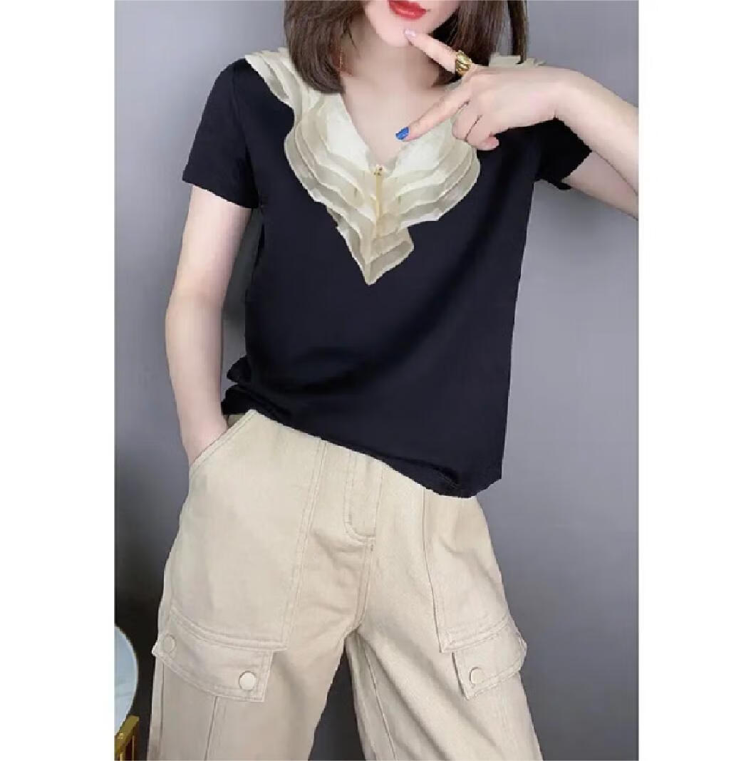 筝宁女士夏季短袖高档上衣女短款高质感荷叶边t恤短袖夏天v领短款上衣