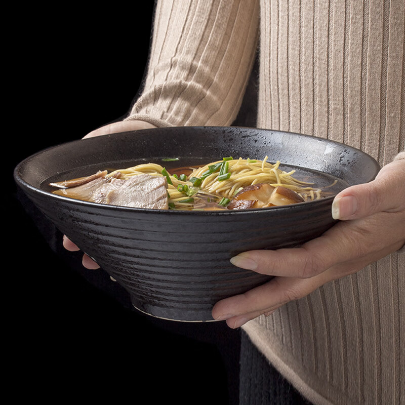 丝贝美瓷 创意面碗日韩料理餐具家用泡面碗黑色个性复古陶瓷大号汤碗拉面碗 8英寸喇叭拉面碗