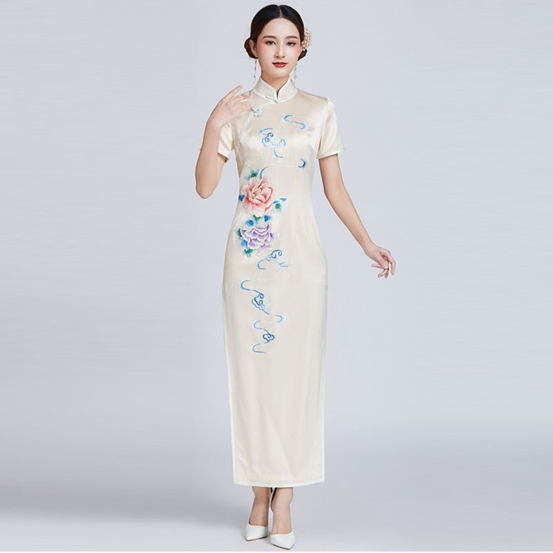 旗袍长款夏季新款高端绣花刺绣桑蚕丝真丝旗袍裙 图片色 s
