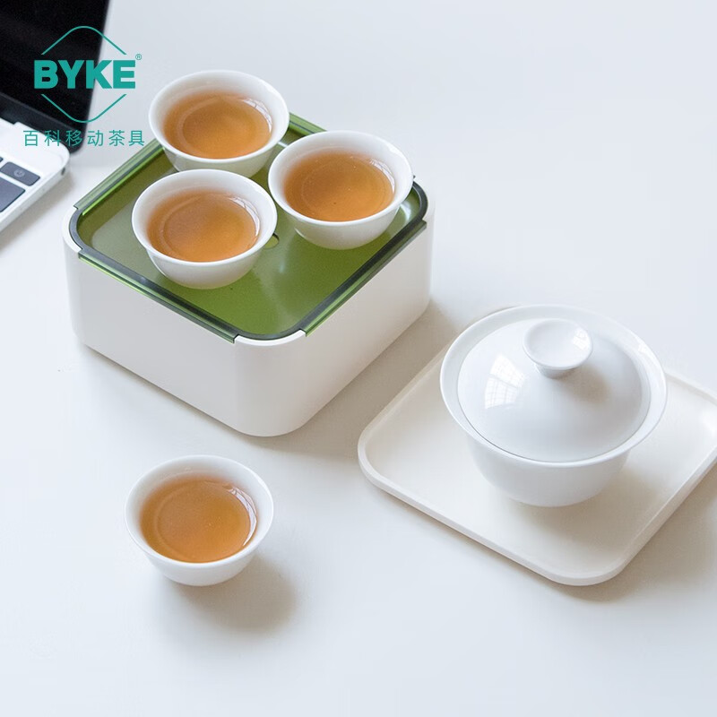 百科（BYKE）迷你户外旅游便携功夫茶具白瓷车载旅行盖碗茶具茶杯套装便携包 简悦-白瓷