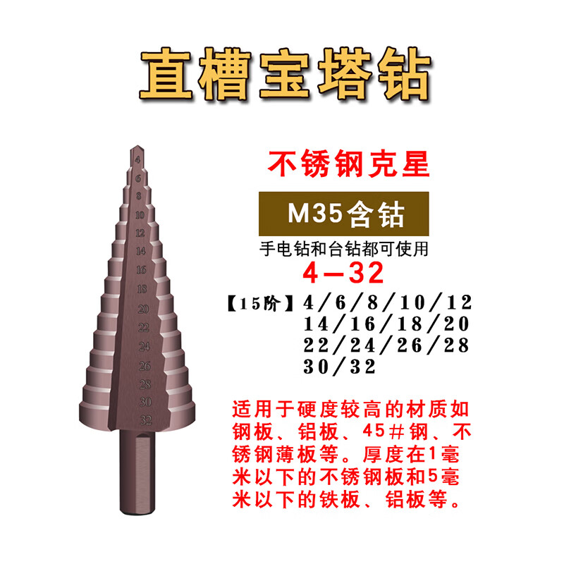 立昌寶塔鉆頭擴孔鉆錐形鉆頭高硬度打孔金屬鎢鋼含鈷開(kāi)孔器擴孔鉆鋼板 三角柄M35直槽（4-32mm)十五階