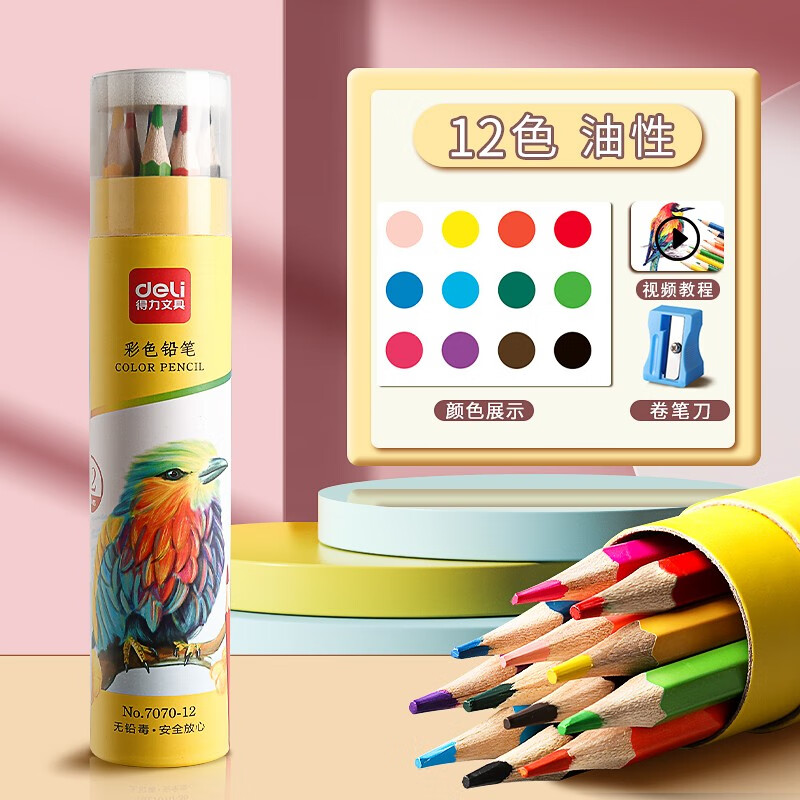 得力（deli）彩铅小学生画画48色油性水溶性彩色铅笔24色手绘涂色笔套装绘画笔36色12色美术 【初学专用】油性 12色/送卷笔刀