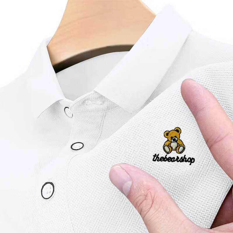 clolv kiss宽松简约小熊刺绣翻领轻奢黑色polo衫男短袖夏季成熟上衣