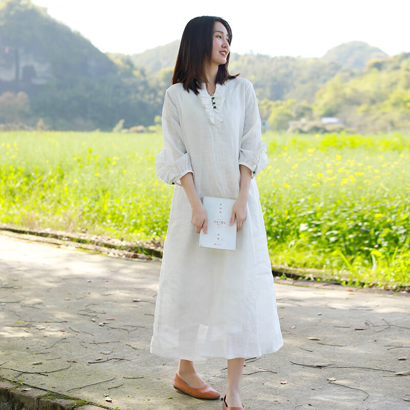 乱在江南棉麻白色仙气连衣裙夏季新品原创设计褶皱清新文艺女装 白色 均码