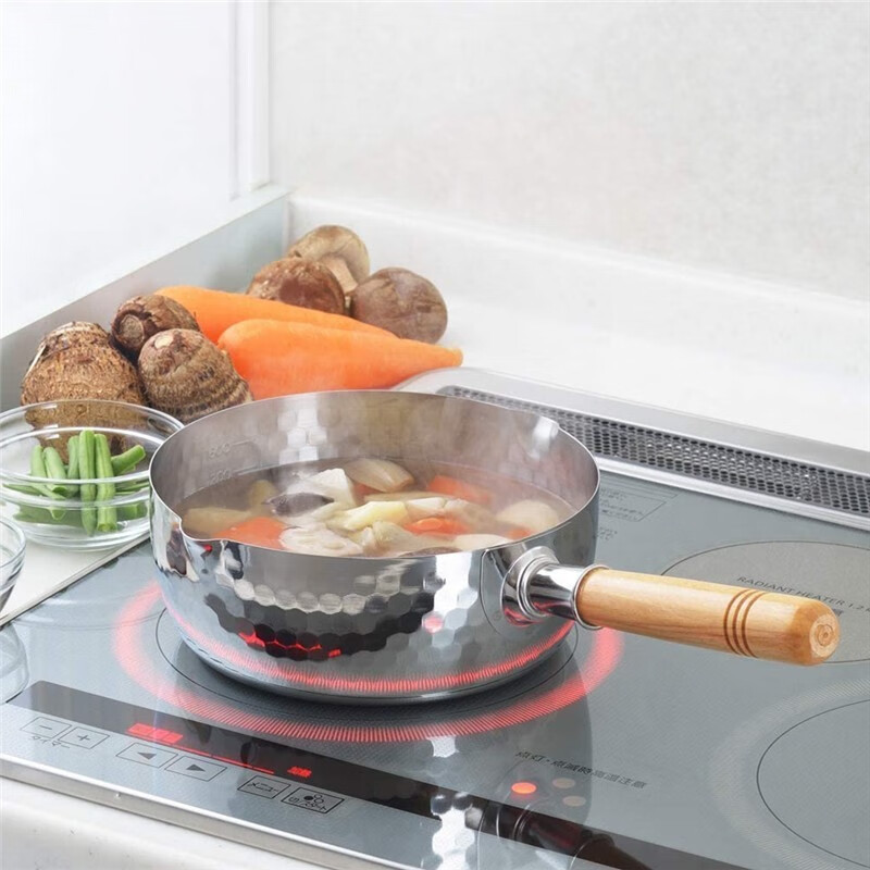 吉川 YOSHIKAWA日本进口不锈钢汤锅日式雪平锅木柄汤锅奶锅泡面煮面锅 雪平锅+玻璃盖 18cm