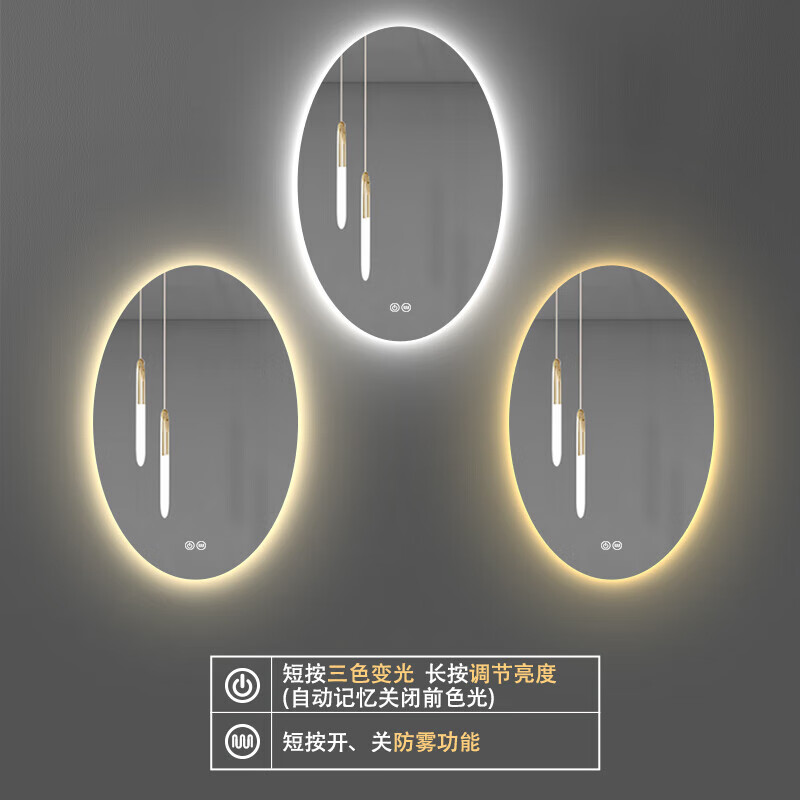 羅帝仕（ROTISS）智能鏡浴室鏡橢圓形化妝鏡壁掛鏡防霧發(fā)光鏡洗手間衛(wèi)生間鏡子led A款+雙觸摸+除霧+三色光 60cm*80cm