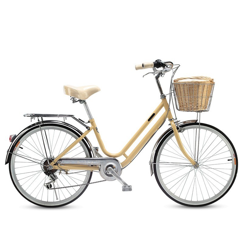 自行车成人美国牧马人女式24寸变速淑女城市男通勤复古单车 米黄色(变速) 24英寸 6速