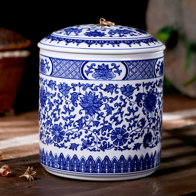 瑾睿茗瓷 青花瓷茶叶罐陶瓷七子饼普洱储茶大号密封一斤存储罐散茶缸