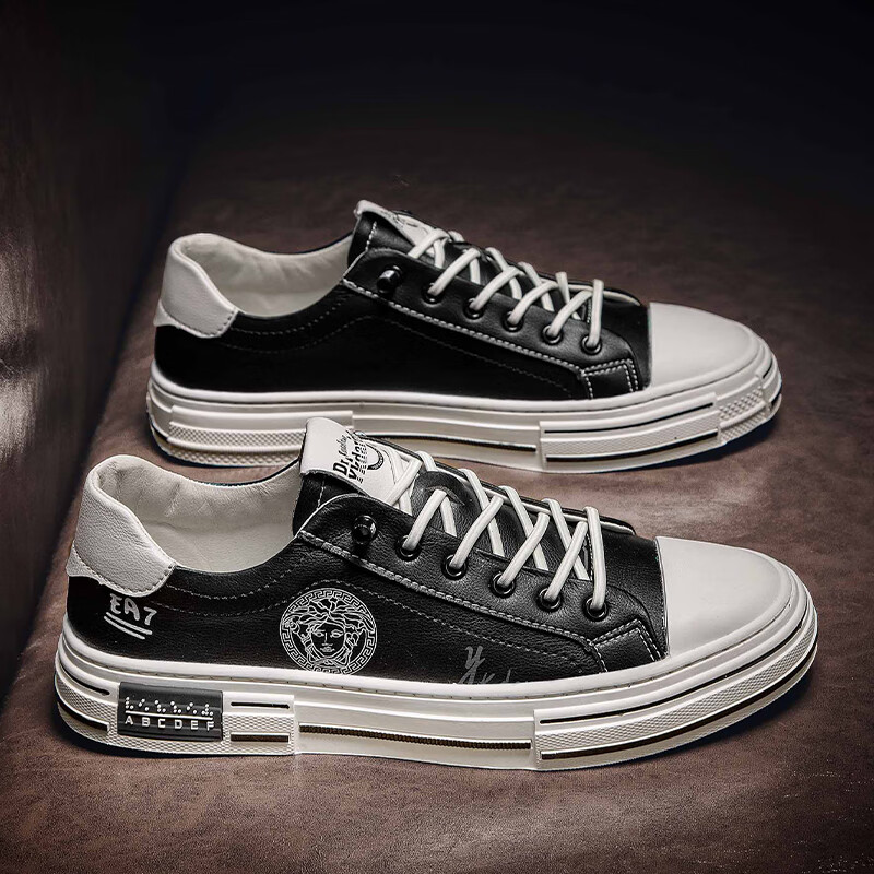 法国路易斯悍马男鞋秋季白底黑面板鞋美杜莎潮鞋免系鞋带男士休闲