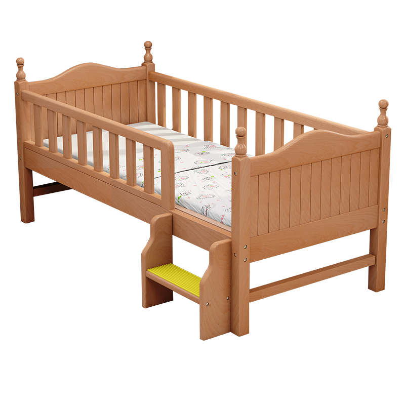 安维斯名爵 拼接床榉木儿童床实木婴儿床带护栏加宽小床支持定制 三面尾梯(原木色) 200*100*40 (可定做)