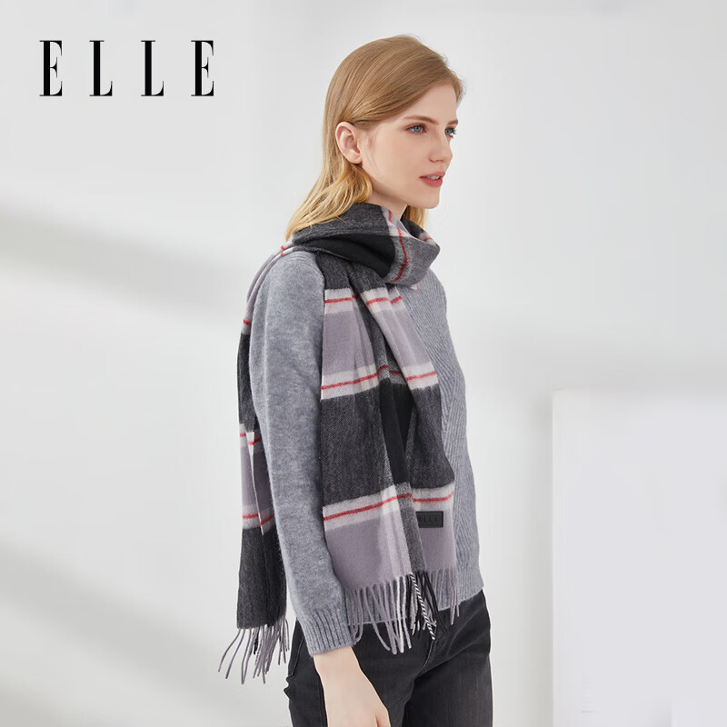 ELLE100%绵羊毛围巾女士秋冬季户外时尚百搭保暖长款格子披肩围脖 黑灰色