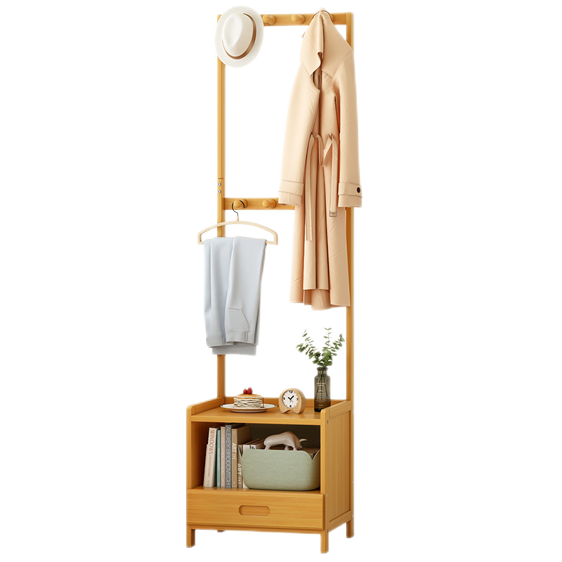 竹中生智床头柜家用实木多功能卧室挂衣架落地简易室内网红收纳一体架子 【多功能】茶色-小三抽42长衣帽架