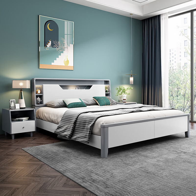 凌宝 北欧轻奢实木床高箱储物带夜灯双人床现代简约床头可储物床大小