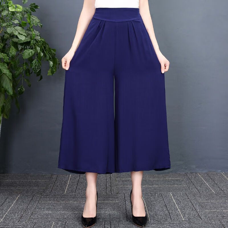 老年女装200斤大口宽腿裤女棉麻阔腿裤夏季大码长款休闲裙裤百 深蓝色