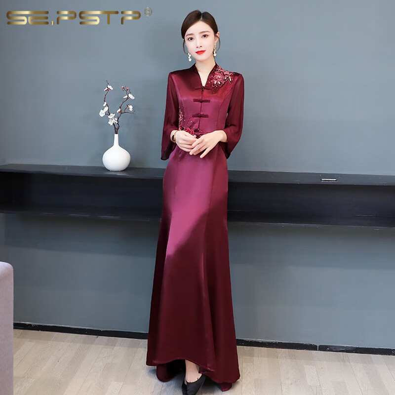 pstp高端轻奢喜婆婆婚宴装红色连衣裙秋冬参加婚礼结婚年会礼服旗 酒