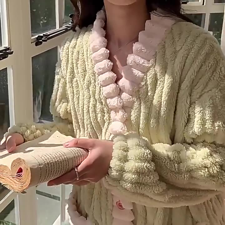 有只绵新款女士秋冬家居服加厚珊瑚绒睡衣大耳狗连帽可爱睡袍 彩虹睡袍 绿色 均码 (80-160斤)