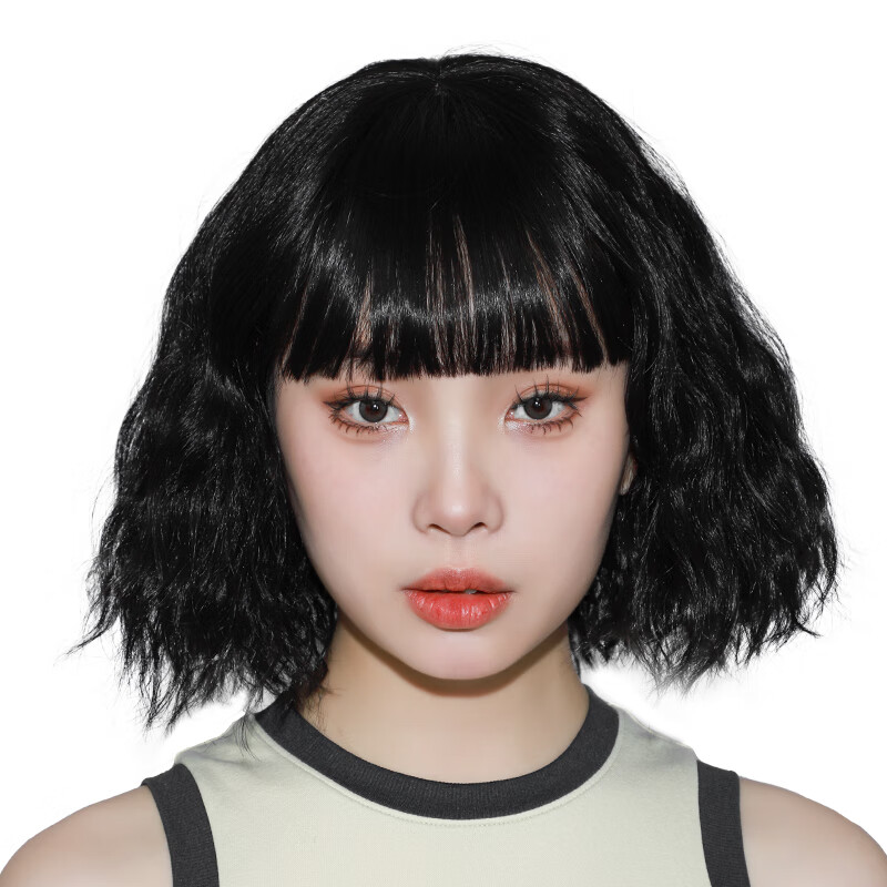 刘海玉米烫短卷发整顶全头套个性时尚高仿真发短发梨花头 1b纯黑色