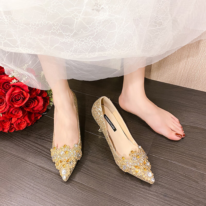 予斗輕奢水晶法式結(jié)婚鞋女新娘高跟鞋婚宴秀禾主婚紗兩穿不累腳伴娘鞋 6CM金色 34
