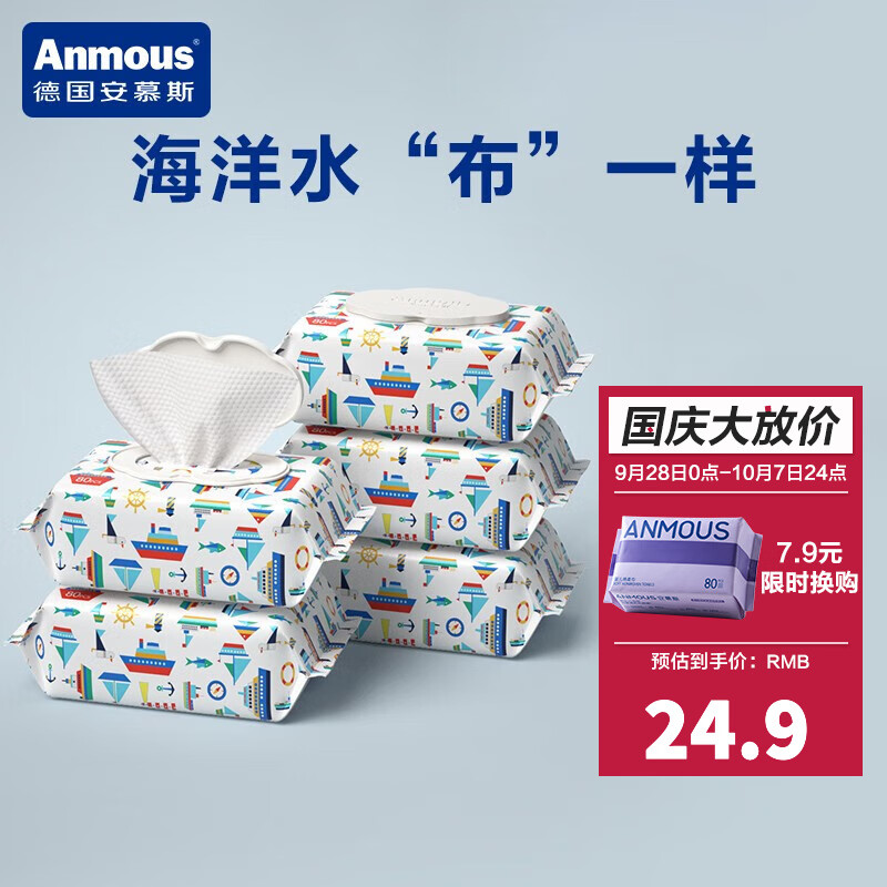 安慕斯（Anmous）婴儿护理湿巾儿童新生儿湿纸巾宝宝手口专用纸厚湿巾加厚加大湿巾 海洋水80抽*5包怎么样,好用不?