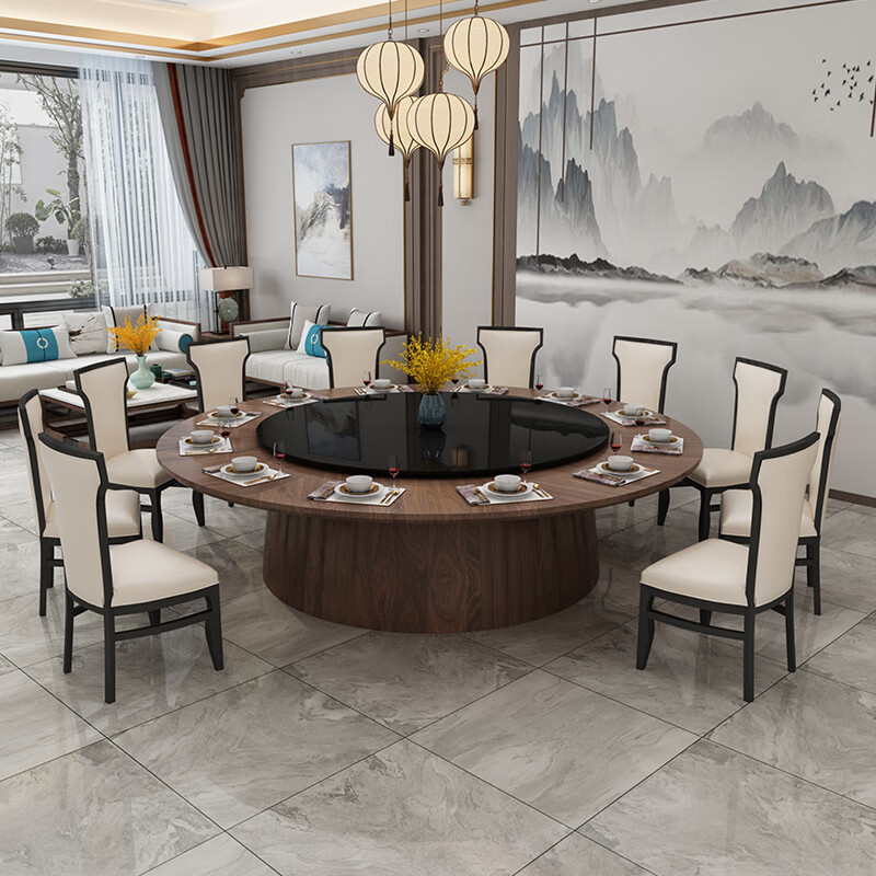 酒店电动大圆桌 酒店电动餐桌大圆桌20人中式圆桌饭店实木火锅桌带