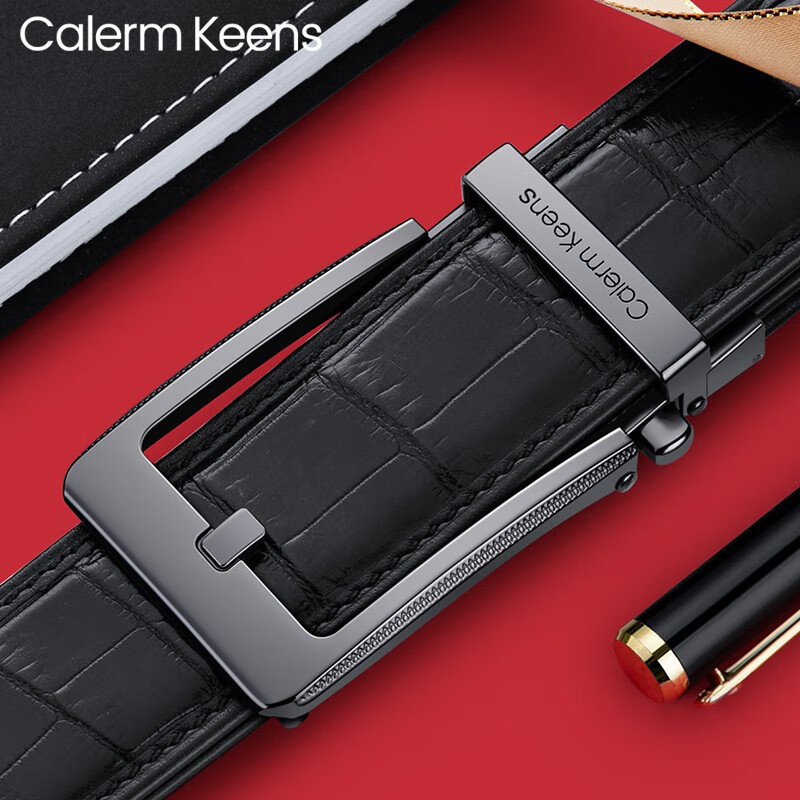 Calermkeens男士皮带男商务休闲真鳄鱼皮无孔情人节腰带国际十大品牌奢侈礼品 枪色-黑色鳄鱼皮【实木礼盒】 120cm 其他尺码联系客服