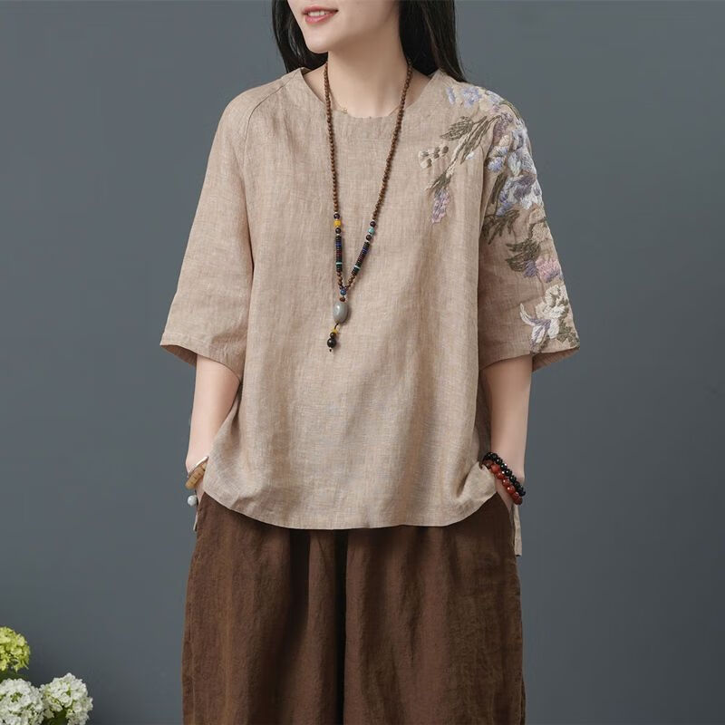棉麻复古上衣女2024刺绣文艺短款夏季女装中国风民族风t恤 官方素素