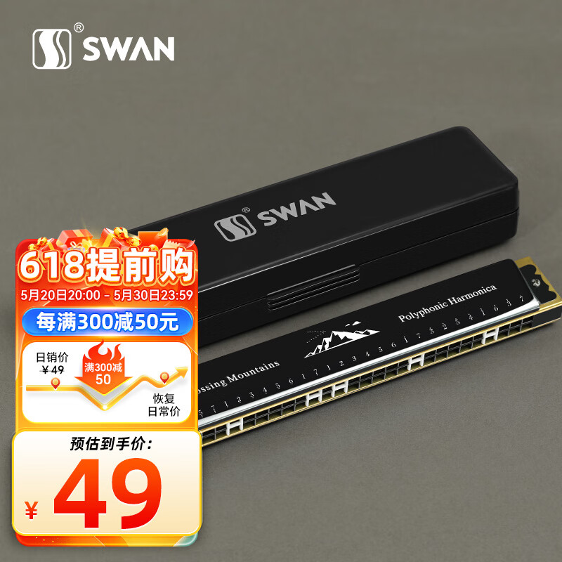 天鹅(swan)28孔复音口琴初学者入门学生专业演奏口琴c调(黑色复音)