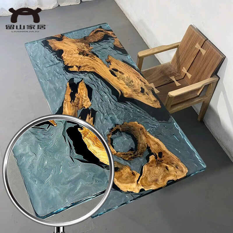 缘言梓(yuanyanzi)环氧树脂桌子 环氧树脂河流桌冰川裂纹创意云雾茶台