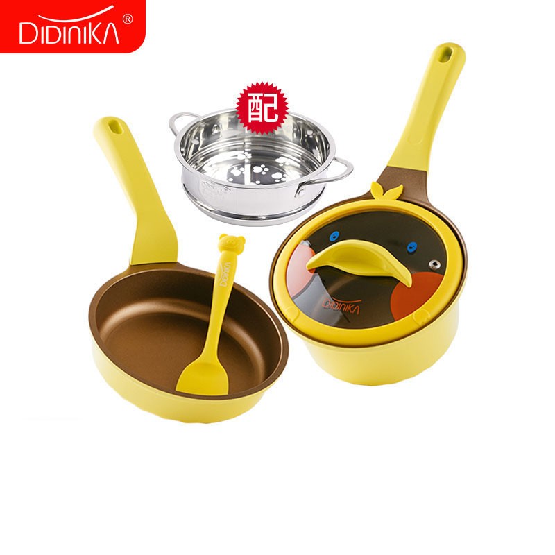 Didinika宝宝辅食锅婴儿奶锅16cm小锅平底汤锅陶瓷不粘锅煮泡面热牛奶锅 新品嘎嘎鸭+蒸屉