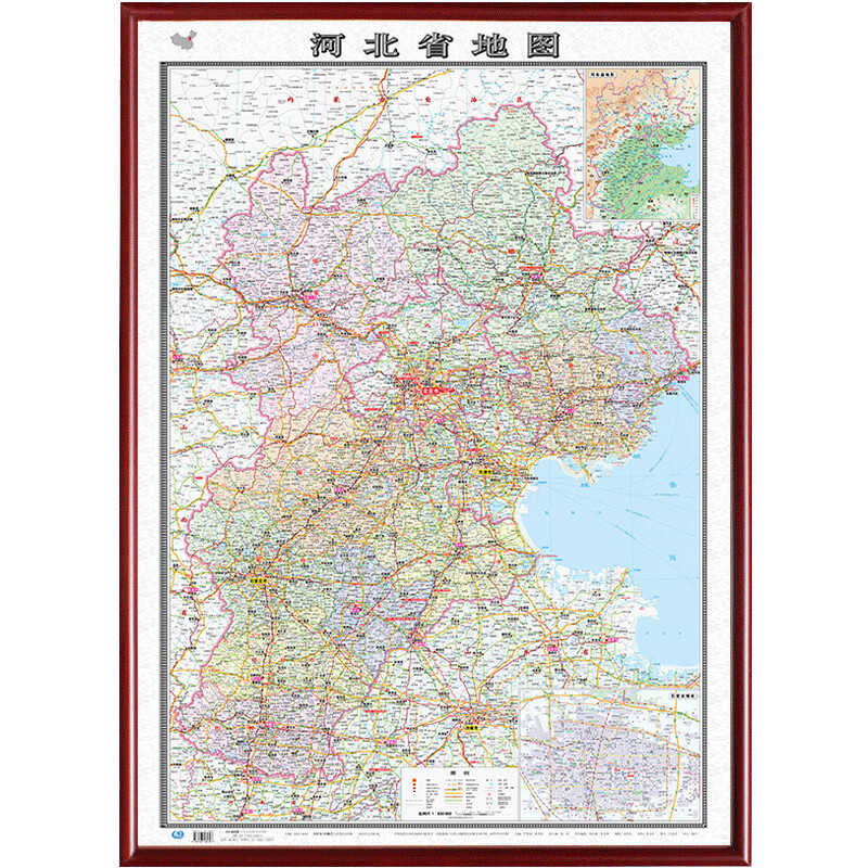 河北省地图边框1.1x0.8米双面覆膜防水 高清印刷 政区交通地形 商务办公室家用边框挂图
