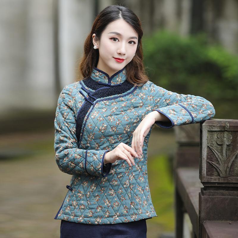 勤驰女士唐装小棉袄冬款唐装加厚棉袄旗袍式上衣外套复古保暖盘 图片