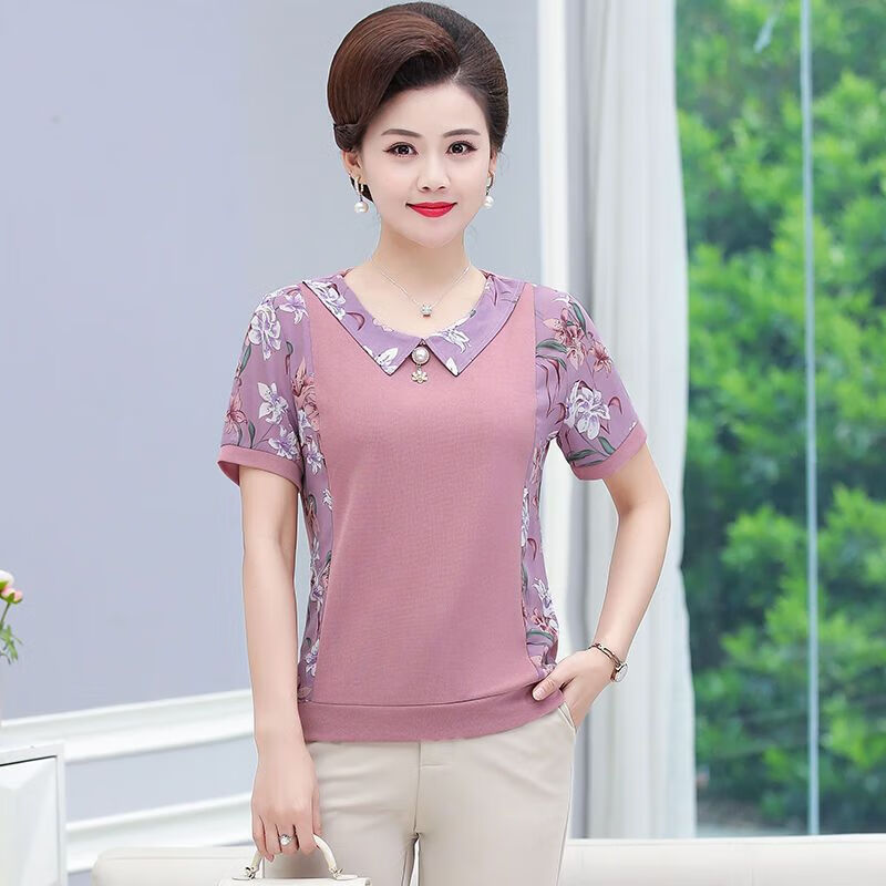 宝乔旭中年女洋气夏装短袖小衫40岁50上衣女夏季t恤衫 粉色 2xl 建议