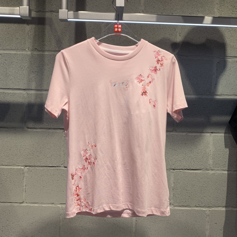 李宁樱花系列t恤女士2021夏款女装休闲上衣夏季运动服 淡粉红-2 s 160