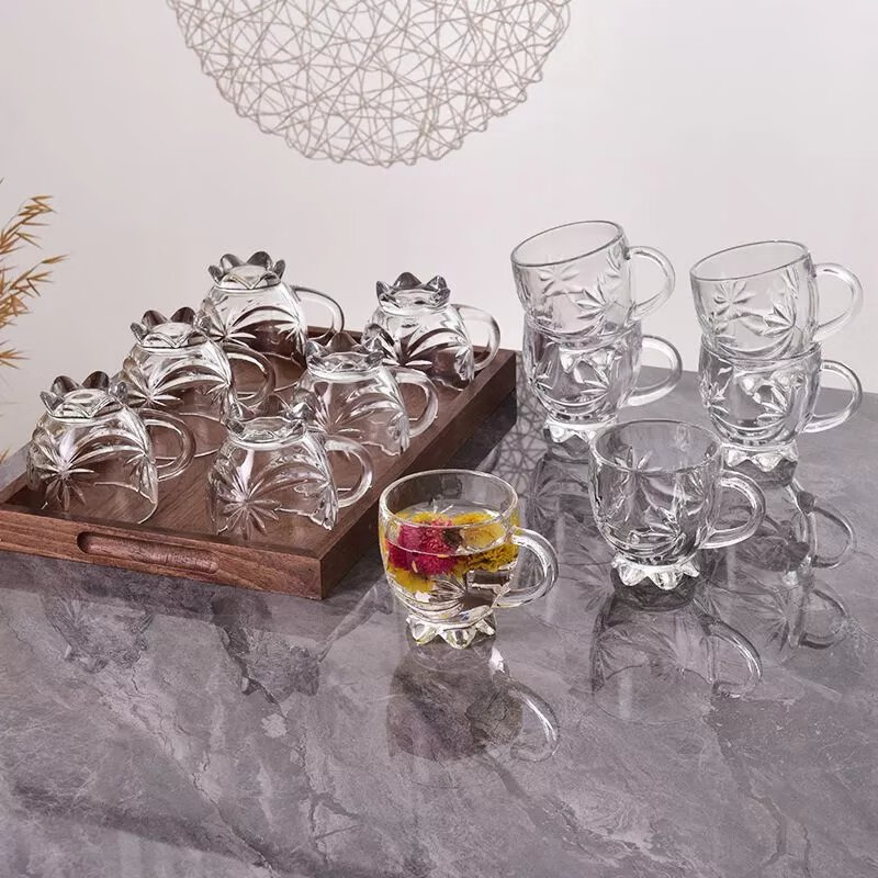 【精选】家用花茶杯套装加厚耐热玻璃杯带把杯水杯无铅果汁杯牛奶 【190ML】花钻款花茶刻花把杯 【2只装】