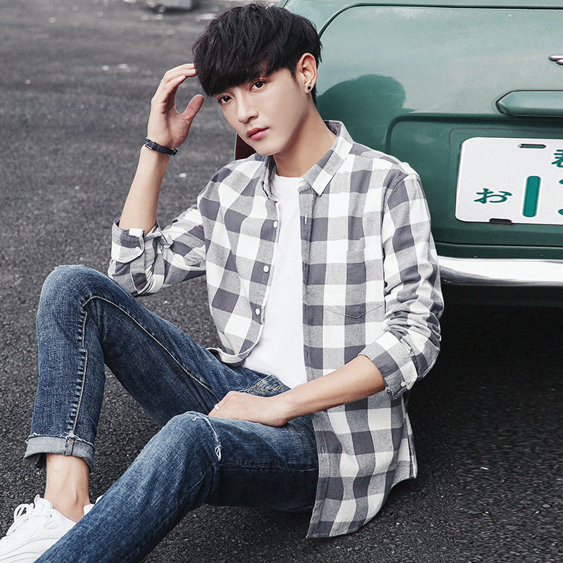 男生格子衬衫长袖休闲韩版学生男潮流青少年男士衬衣薄外套 蓝灰格 m