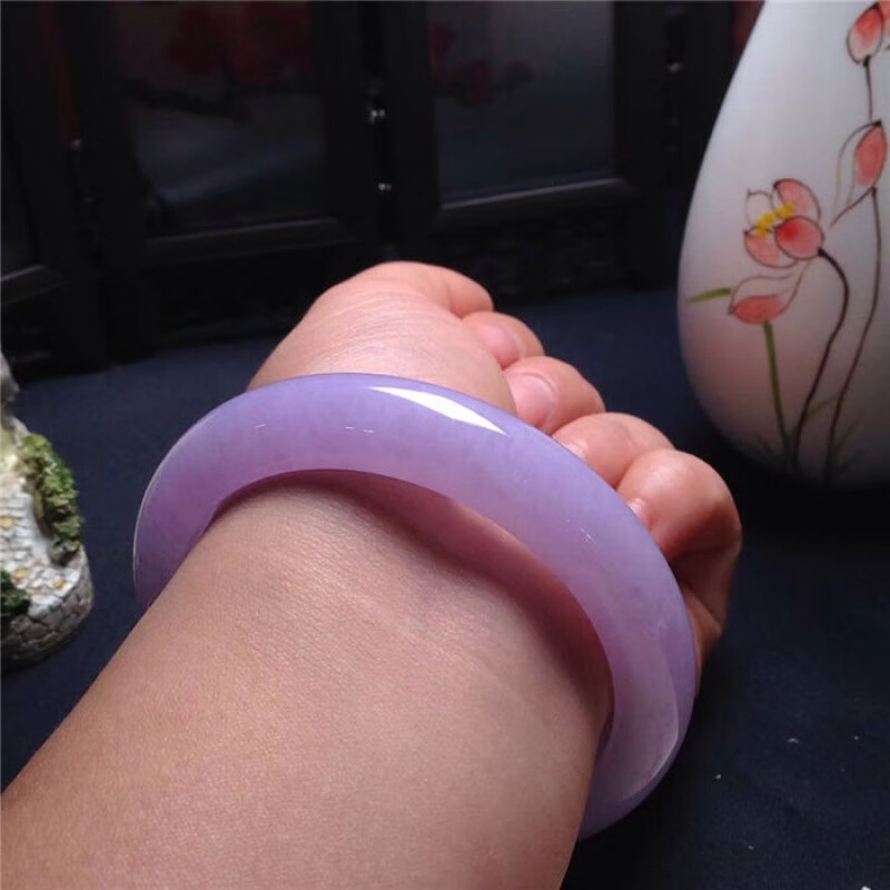聪蝶缅甸紫罗兰翡翠手镯 冰糯种翡翠玉镯子女款翡翠春彩玉镯紫色 53mm
