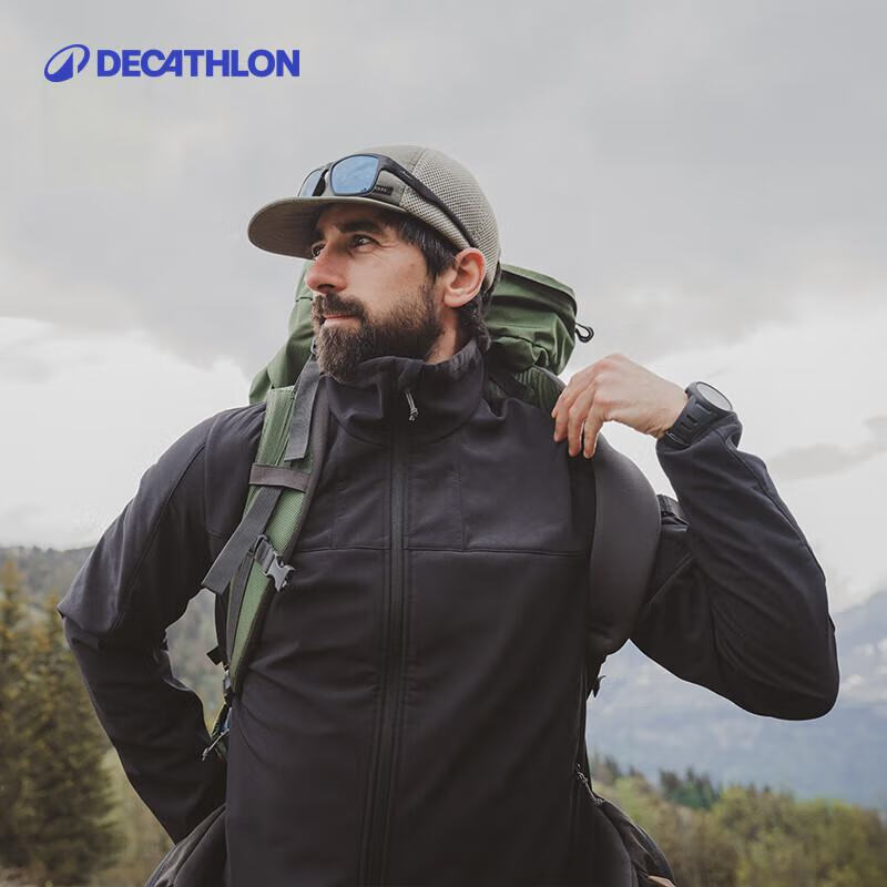 迪卡侬（DECATHLON）男士夹克软壳男士夹克男加绒软壳衣男抓绒保暖防风防泼水MT100 黑色 L