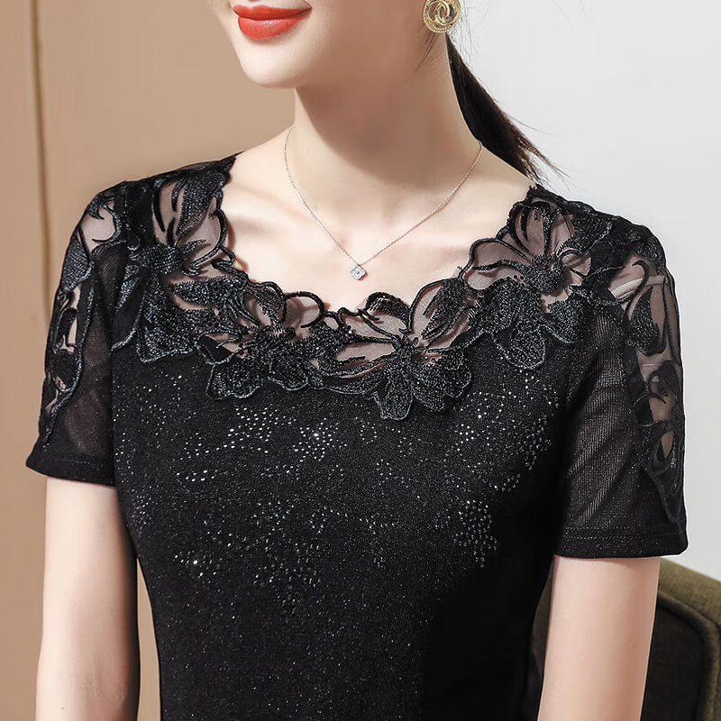 区森女士夏天穿的网纱上衣短袖雷丝打底衫2023夏季新款短袖t恤女洋气