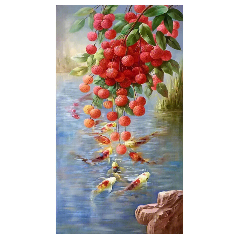 九鱼图手绘油画入户玄关装饰画寓意好大吉大利客厅挂画 荔枝九鱼图 50