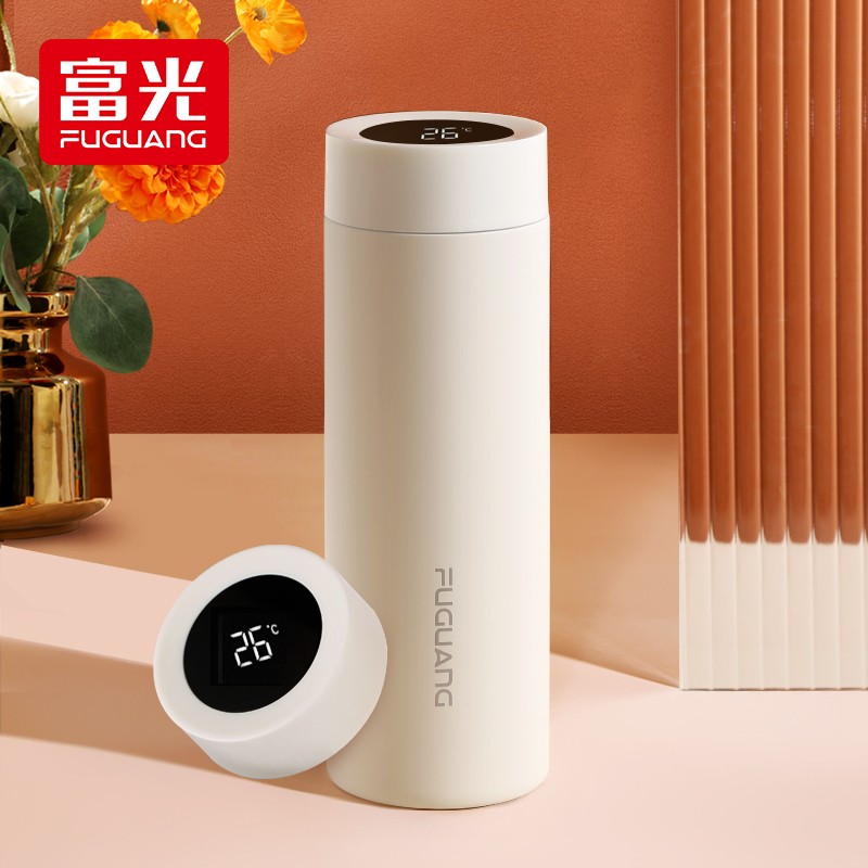 富光 保温杯 SUMMER系列智能显温杯 316不锈钢杯子男女车载水杯便携简约时尚泡茶杯带温度显示 白色380ml