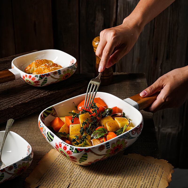 富牛牛同餐具蝶恋花手柄碗陶瓷米饭碗面碗汤碗 水果沙拉碗 秘园小号