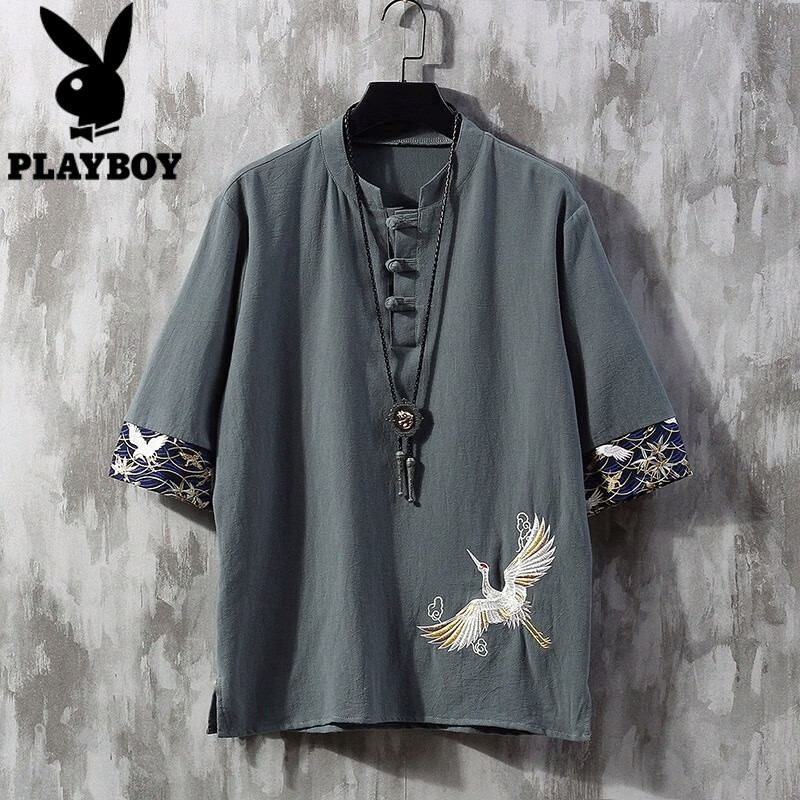 花花公子（PLAYBOY）亞麻短袖t恤男刺繡夏季薄款寬松大碼唐裝衣服中國(guó)風(fēng)男裝棉麻體恤 煙灰藍(lán) 5XL