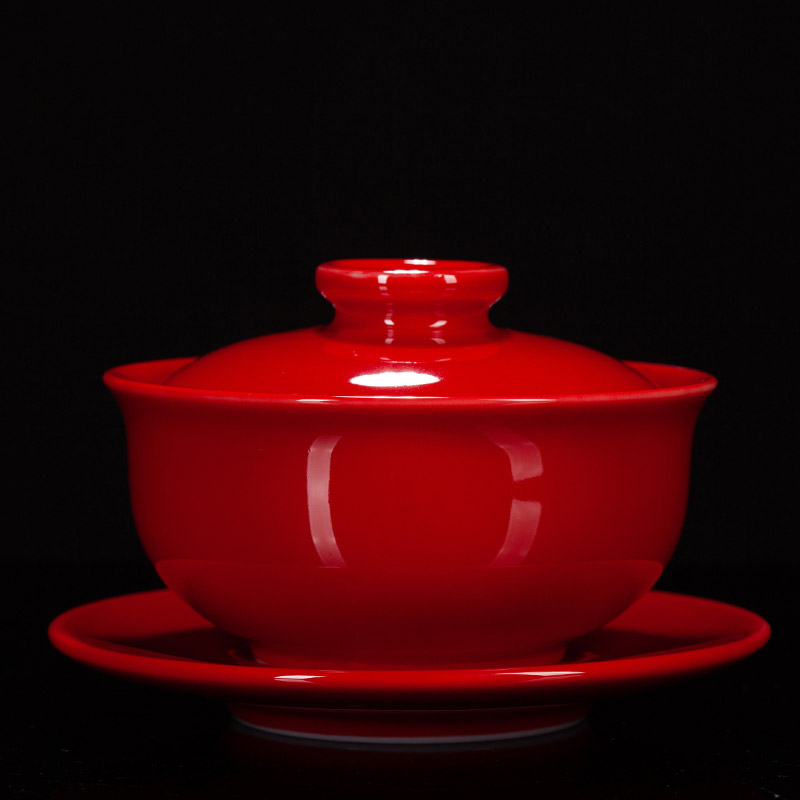 古垚匠人堂/陈清宜手工中国红釉盖碗郎红三才茶碗敬茶碗婚庆礼品瓷