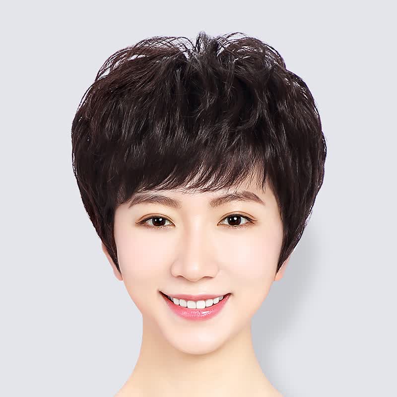 唐妮  蓬松自然中老年假发短发纹理卷发妈妈假发女士真人发丝全头套