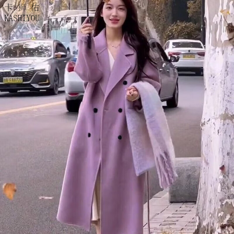 佑2023秋冬新款感双面羊绒大衣女气质中长款宽松过膝羊毛呢外套 紫色